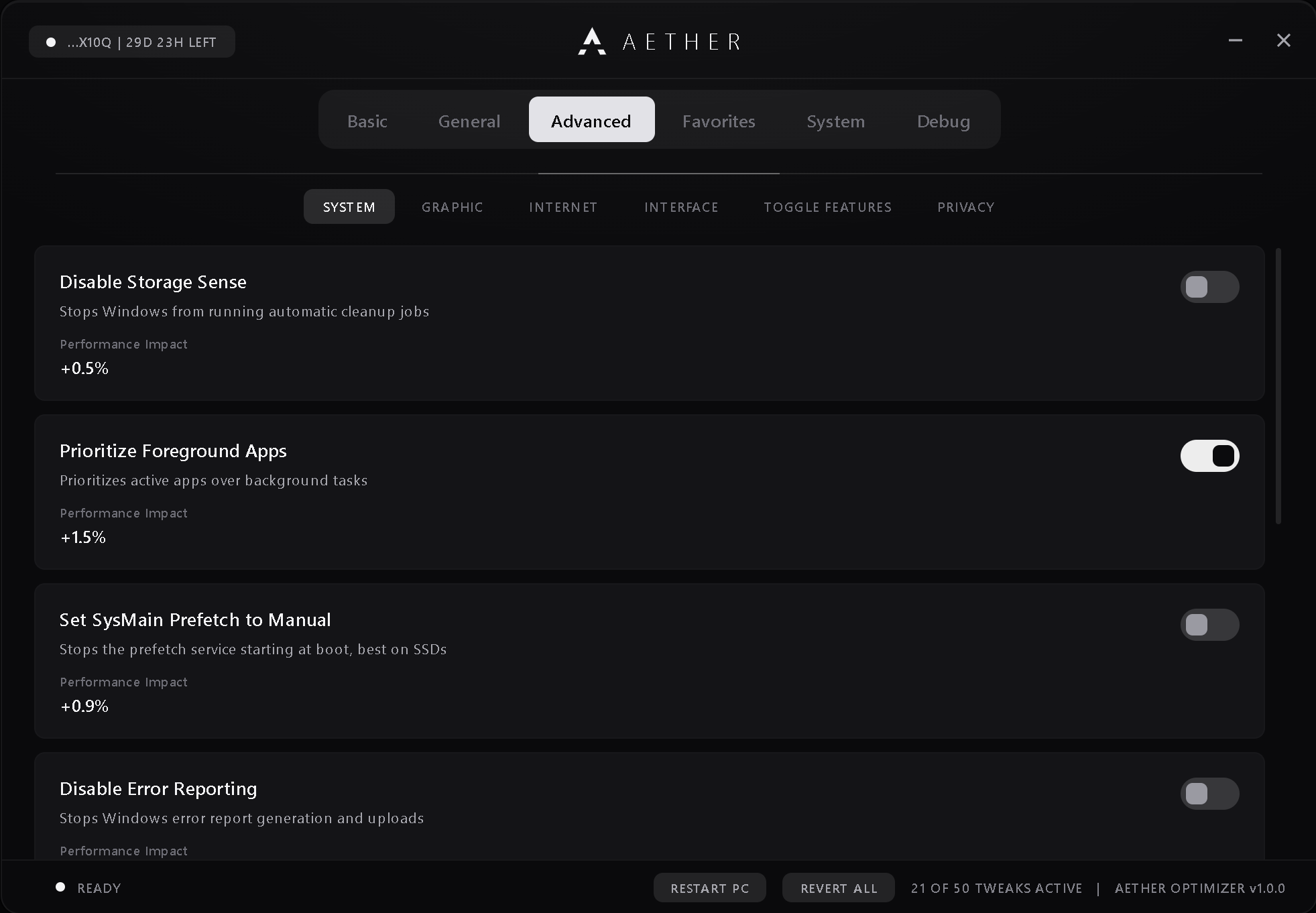 Aether Optimizer interface